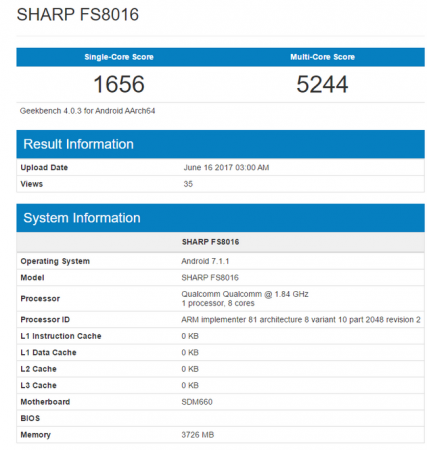 В Geekbench‍ протестировали смартфон Sharp FS8016 с SoC Snapdragon 660