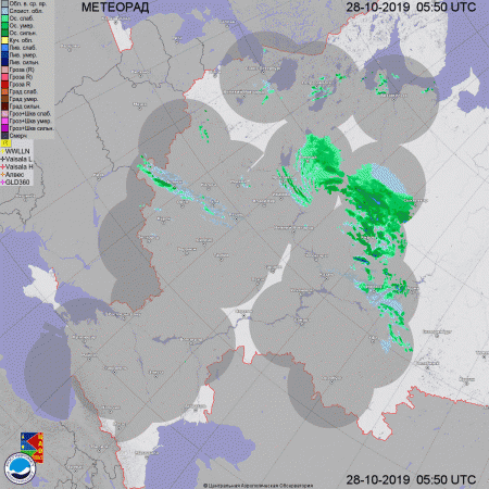 Анимированная карта явлений погоды за последние 3 часа по данным радарных н ...