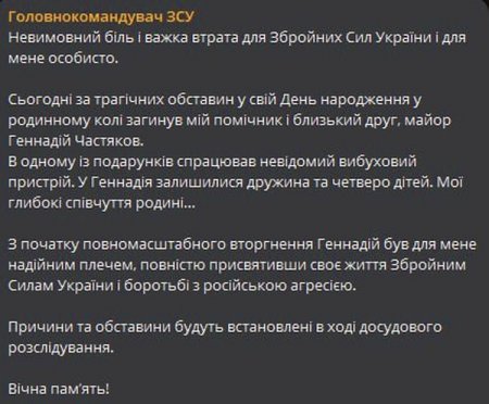 Под Киевом от взрыва гранаты погиб помощник Залужного